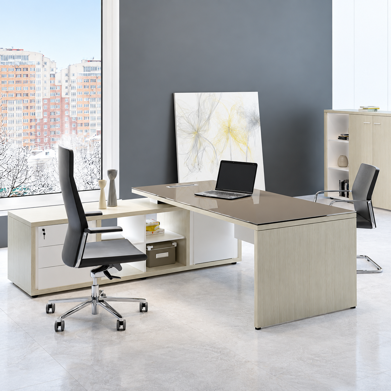 Biurko gabinetowe Brera 2.0 Glass z blendą i szklanym blatem