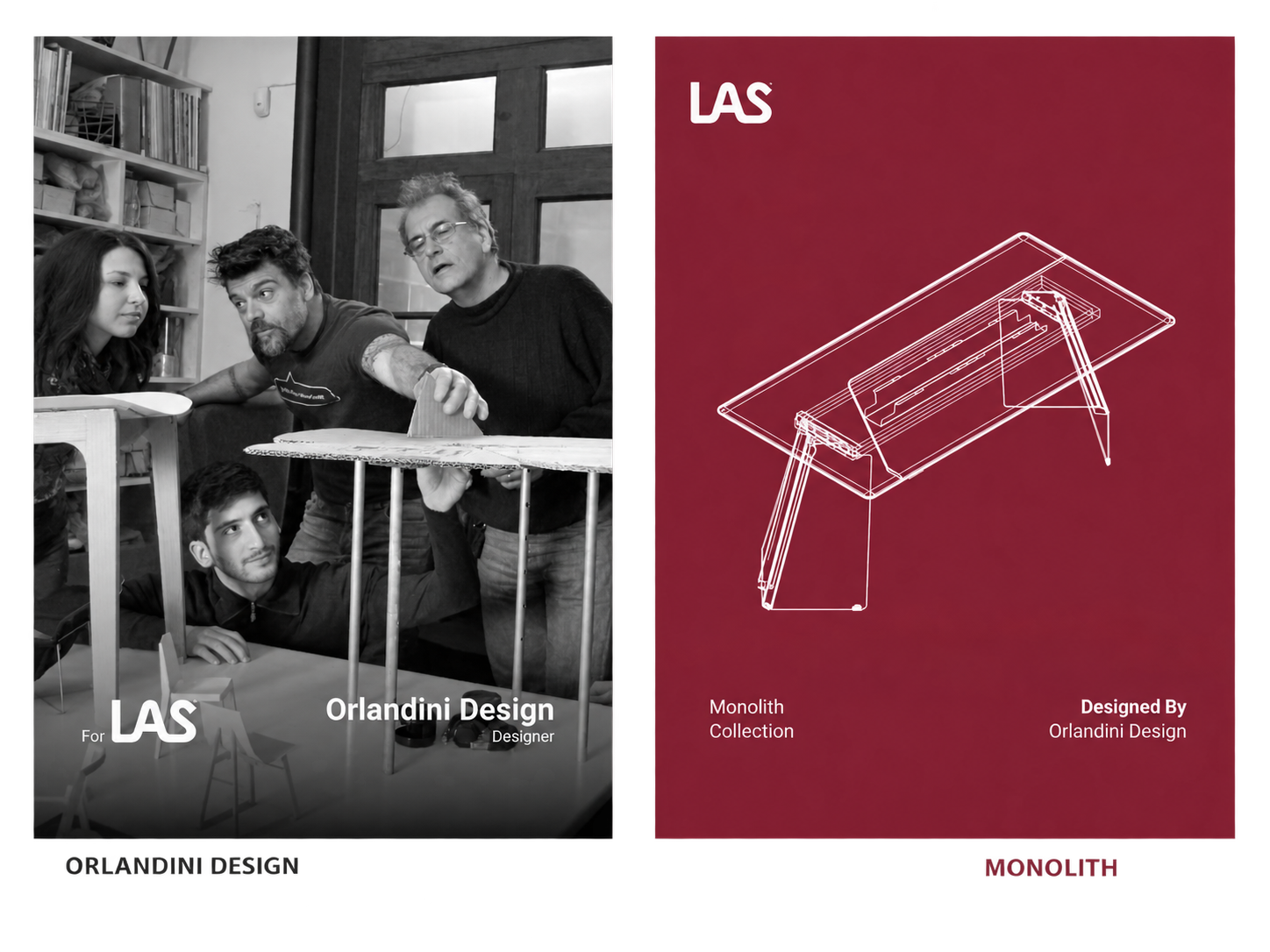 Projektanci Orlandini Design i szkic konstrukcyjny kolekcji Monolith LAS Mobili