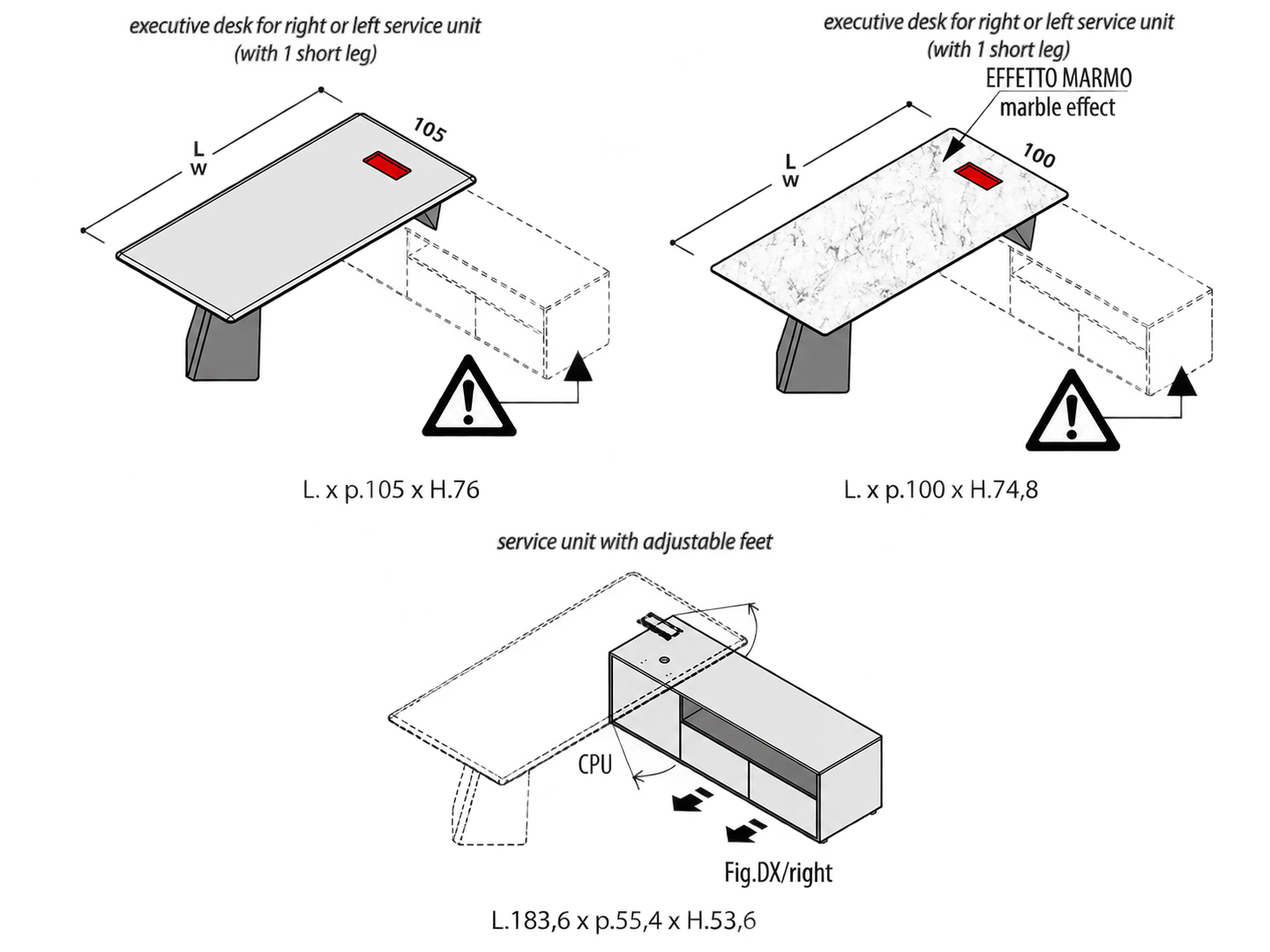Wymiary biurka Monolith z pomocnikiem LAS Mobili