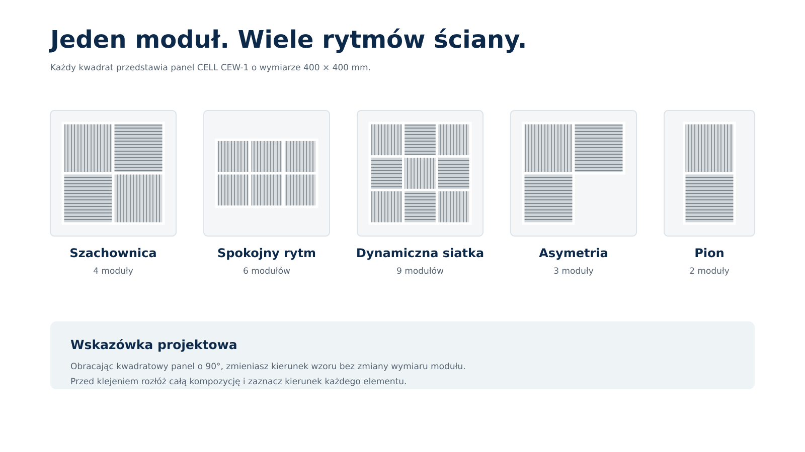 Przykłady kompozycji z paneli CELL CEW-1 obracanych pionowo i poziomo