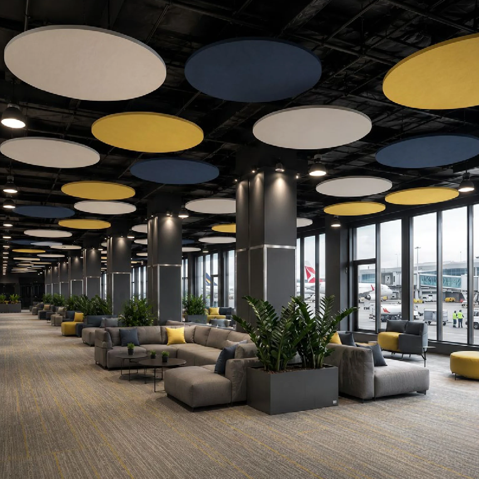 Podwieszane okrągłe wyspy akustyczne NexFelt w strefie lounge