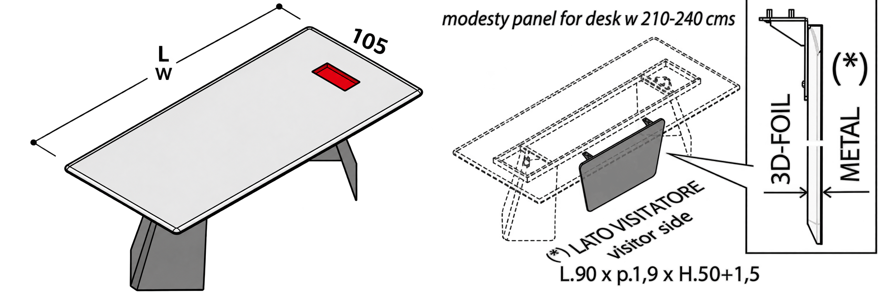 Wymiary biurka Monolith z blendą LAS Mobili