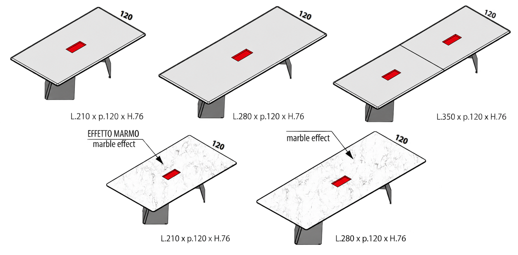 Wymiary stołów konferencyjnych Monolith 210, 280 i 350 cm oraz wariantów ceramicznych 210 i 280 cm