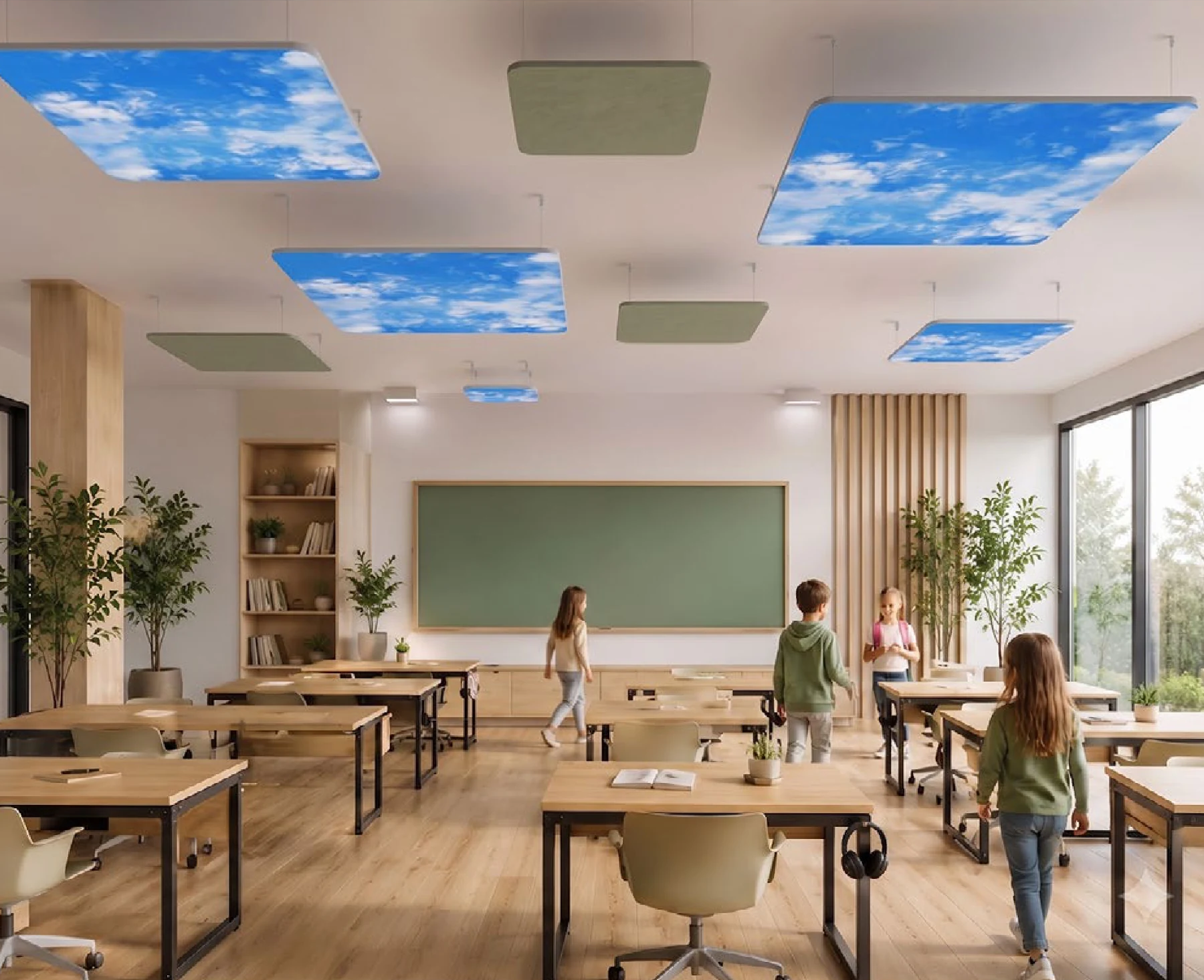 Akustyczne wyspy sufitowe NexFelt Cloud w sali szkolnej