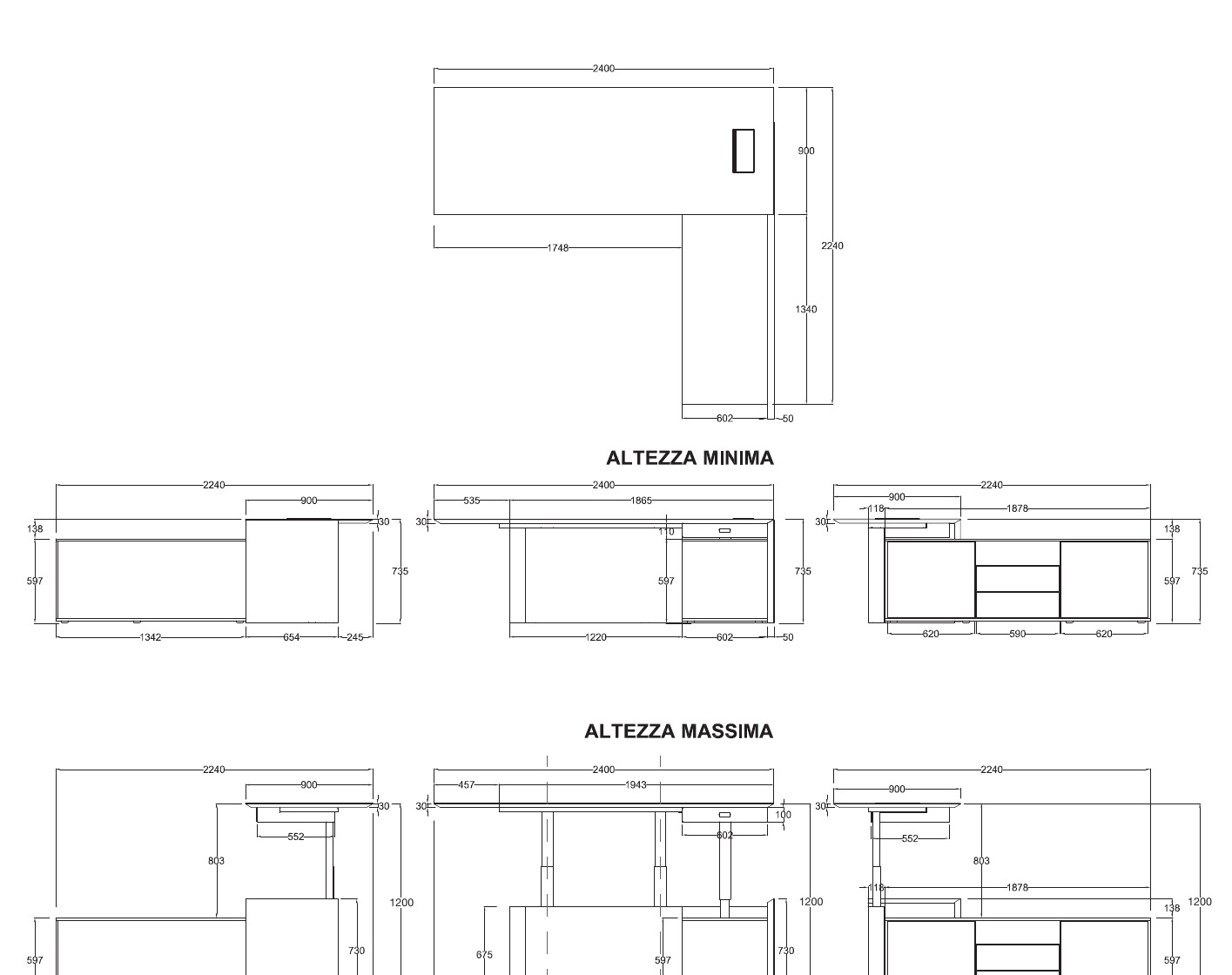 Rysunek techniczny biurka Bold Elevable - pozycja minimalna i maksymalna