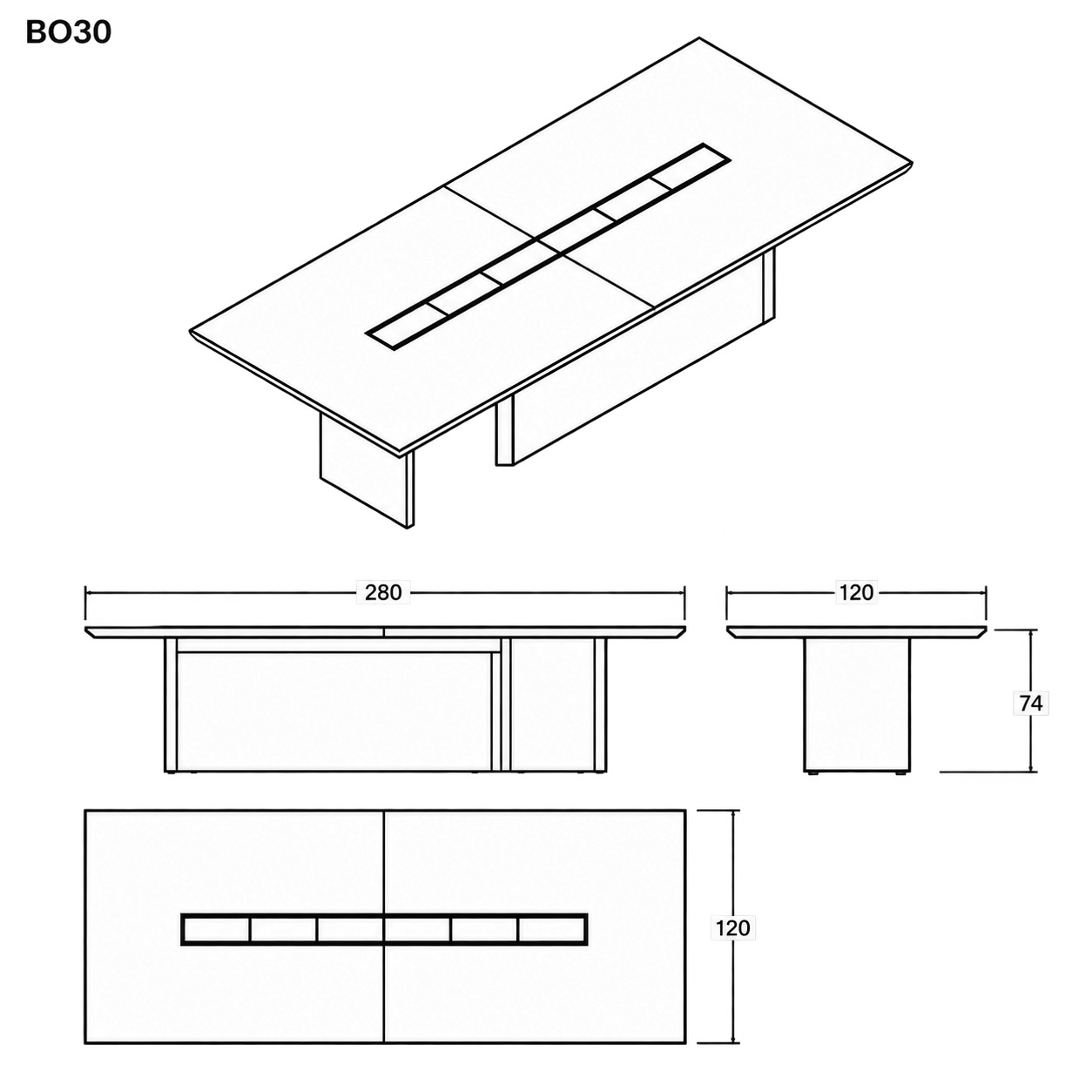 Rysunek techniczny stołu konferencyjnego Bold 280 × 120 cm