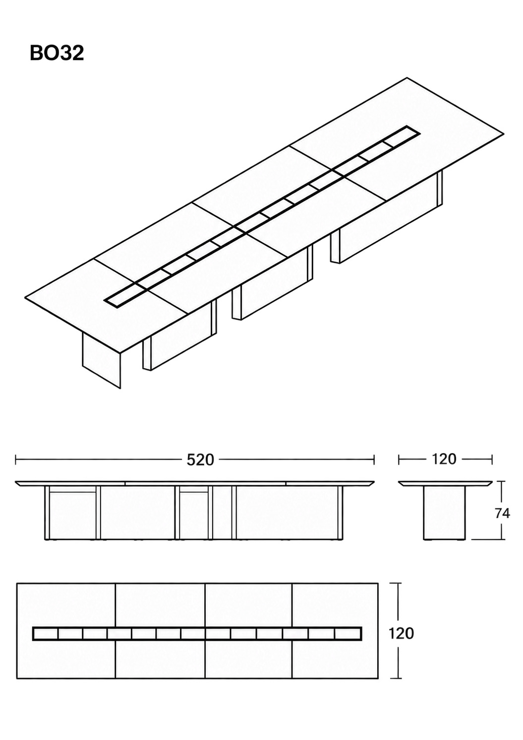Rysunek techniczny stołu konferencyjnego Bold 520 × 120 cm