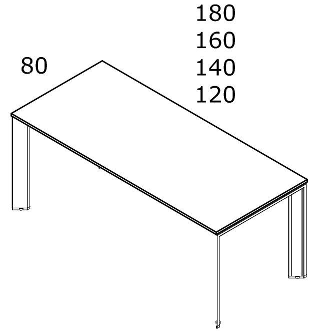 Biurko Bramante — rysunek techniczny blatu o głębokości 80 cm i szerokościach 120, 140, 160 lub 180 cm
