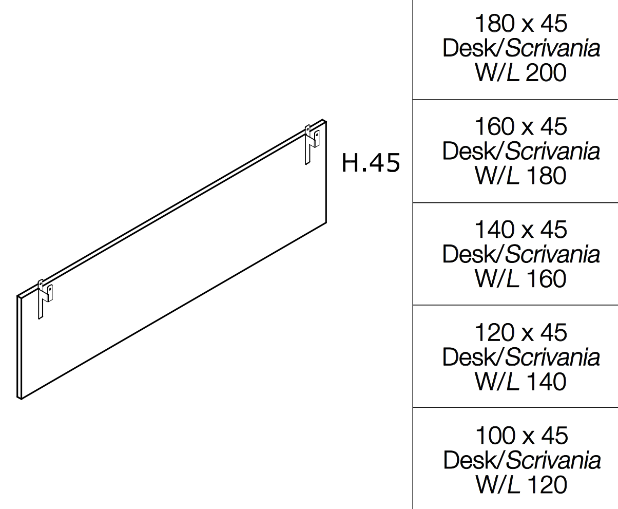 Rysunek blendy Bramante H45: 160 × 45 cm do biurka 180 cm oraz 180 × 45 cm do biurka 200 cm; pozostałe rozmiary na szkicu dotyczą innych wariantów kolekcji