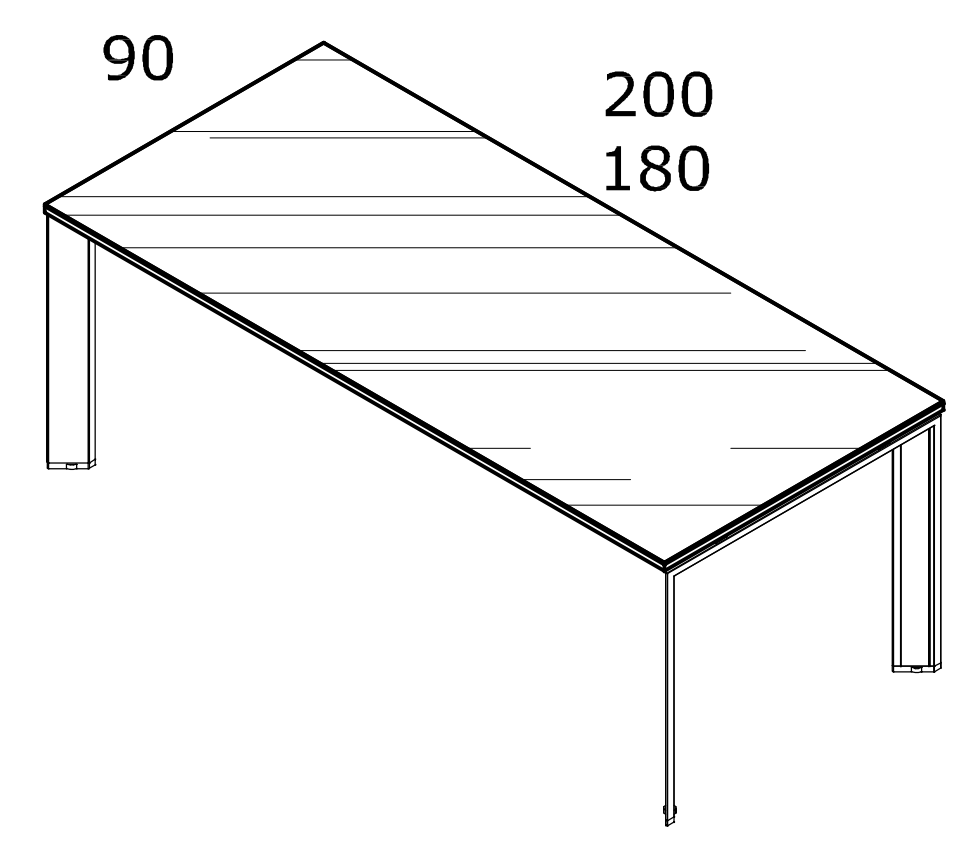 Rysunek techniczny biurka Bramante Glass — szerokości 180 lub 200 cm, głębokość 90 cm