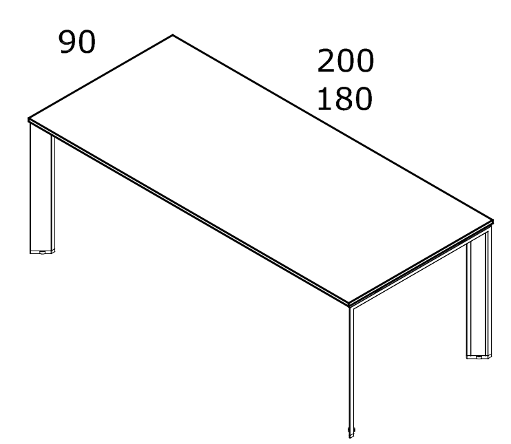 Rysunek biurka Bramante D.90 — szerokości 180 i 200 cm, głębokość 90 cm; szkic konstrukcji bez blendy