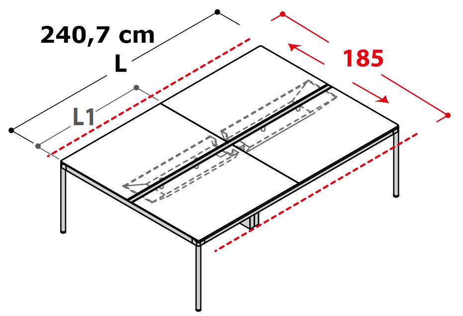 Szkic czterostanowiskowego Workbench Fil Rouge — długość 240,7 cm i kierunek przesuwu blatów